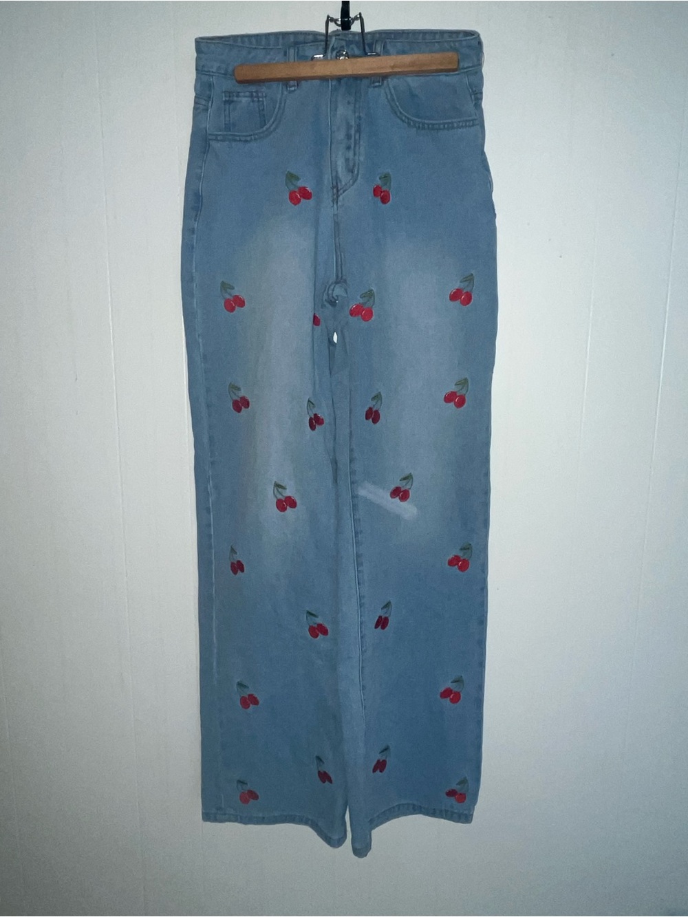 ROMWE Light Blue Wide Leg Jeans with Red Cherry Embroidery
